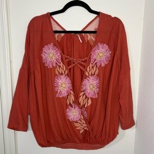 Free People Gotta Love It Floral Embroidered Cross Front Top Sz small Oversized